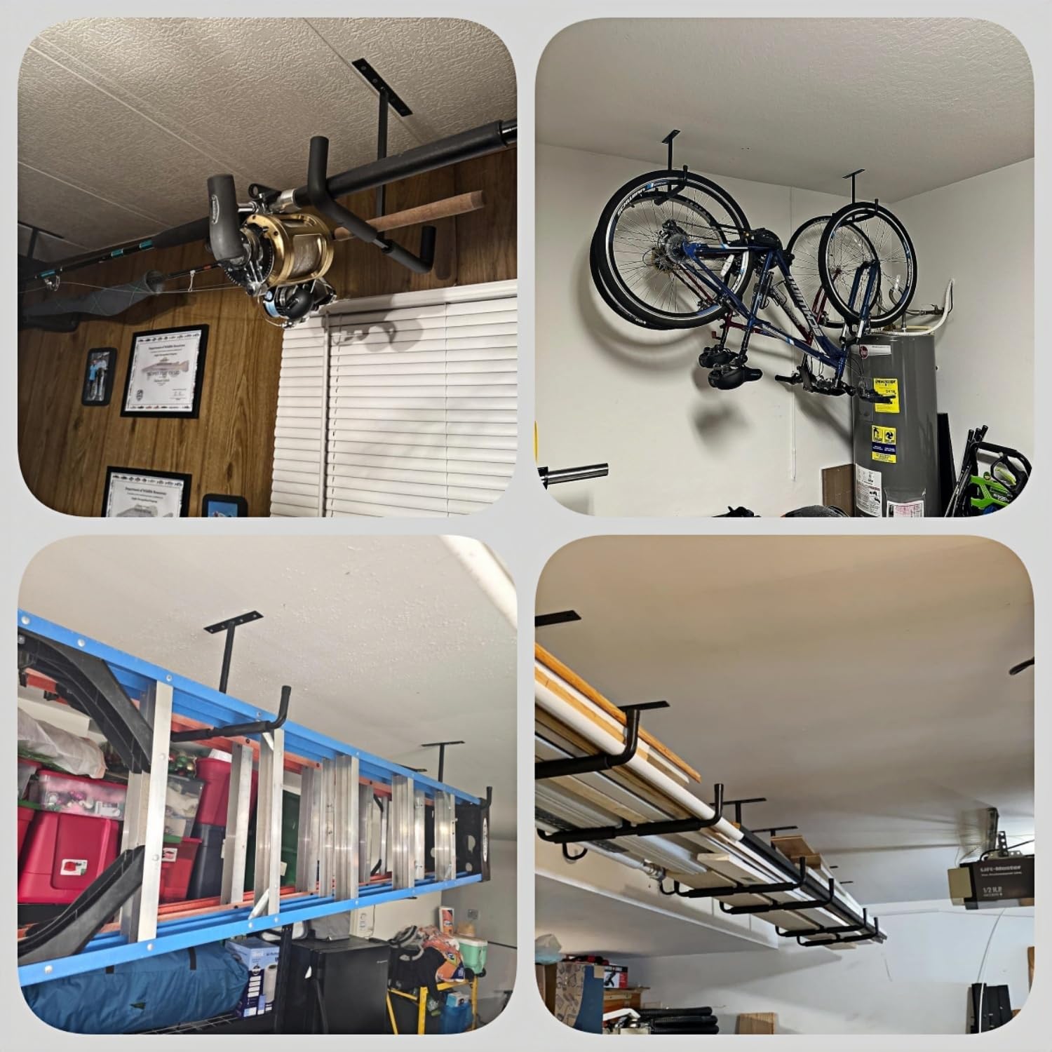 Overhead Garage Storage Hooks, Heavy Duty Double Ceiling Rack for Lumber Ladder Bikes Tires & Other Bulky Items (4)