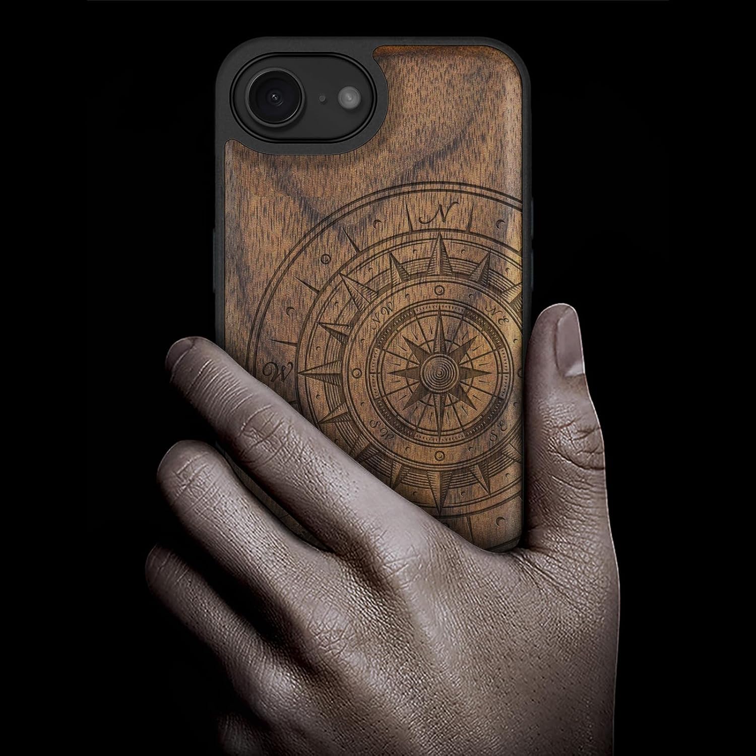 Carveit Magnetic Wooden Case for iPhone 16e / 17e, Solid Wood & Black TPU, Artisan Engraved Design, Shockproof Cover, Compatible with MagSafe Wireless Chargers, Wave Compass - Walnut