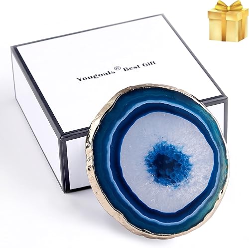 Miniatura 9 de Juego de 4 posavasos de ágata verde, geoda natural con rodajas de ágata y borde dorado, 4 x 3.5 pulgadas, posavasos de piedras preciosas para Verde