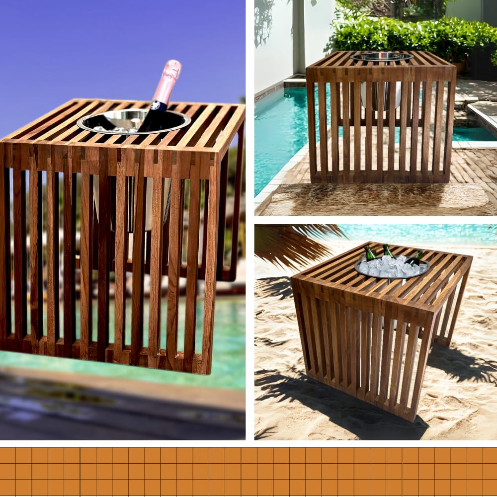 Beistelltisch Mykonos mit Kühlfunktion & herausnehmbarem Edelstahl-Getränkekühler | Outdoor Loungetisch aus Teakholz | wetterfest für Garten, Terrasse & Balkon | 40x40x40 cm Braun