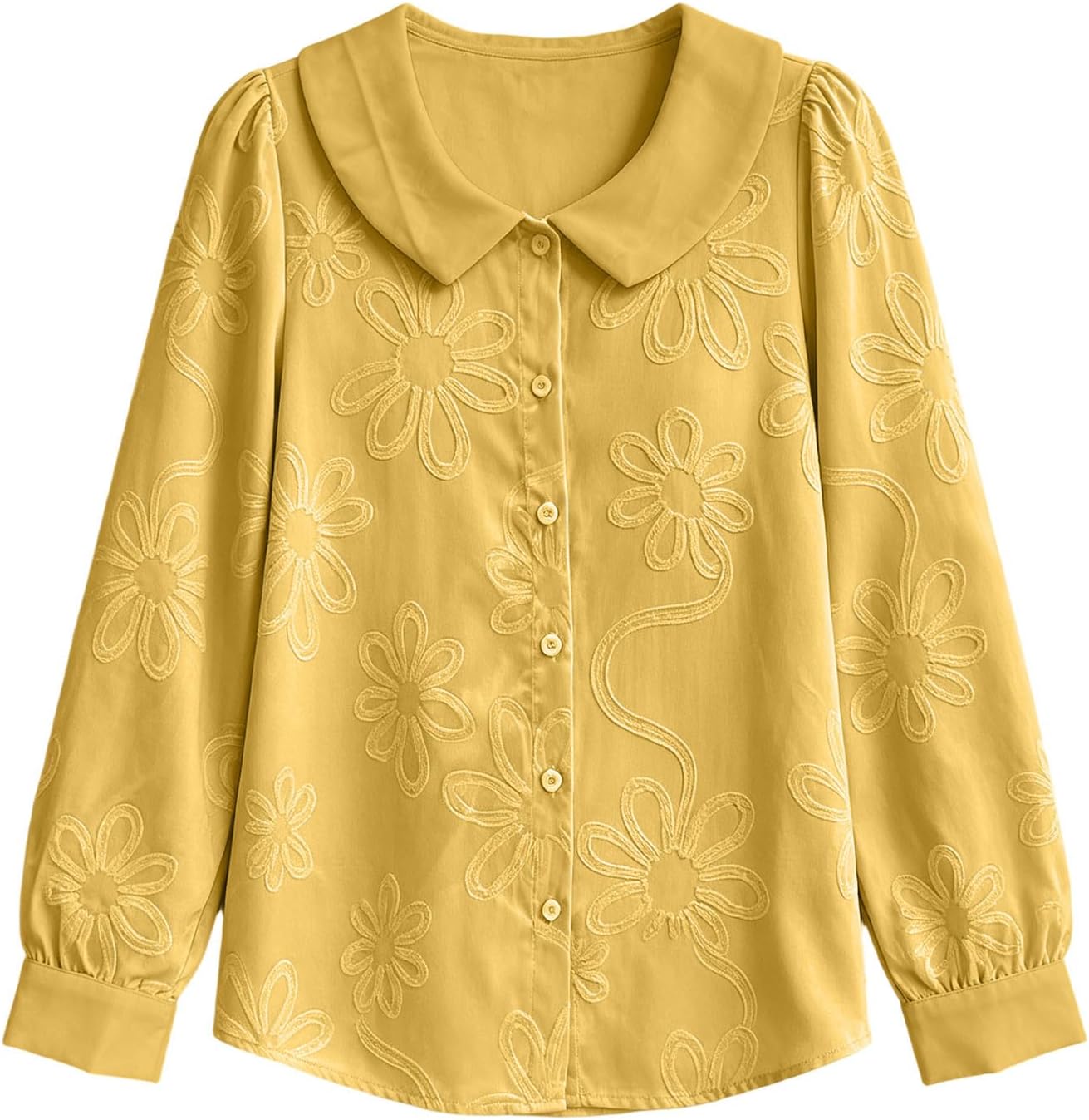 Women's Floral Embroidered Button Down Shirts Doll Collar Long Sleeve Casual Blouse Elegant Loose Fit Work Tops