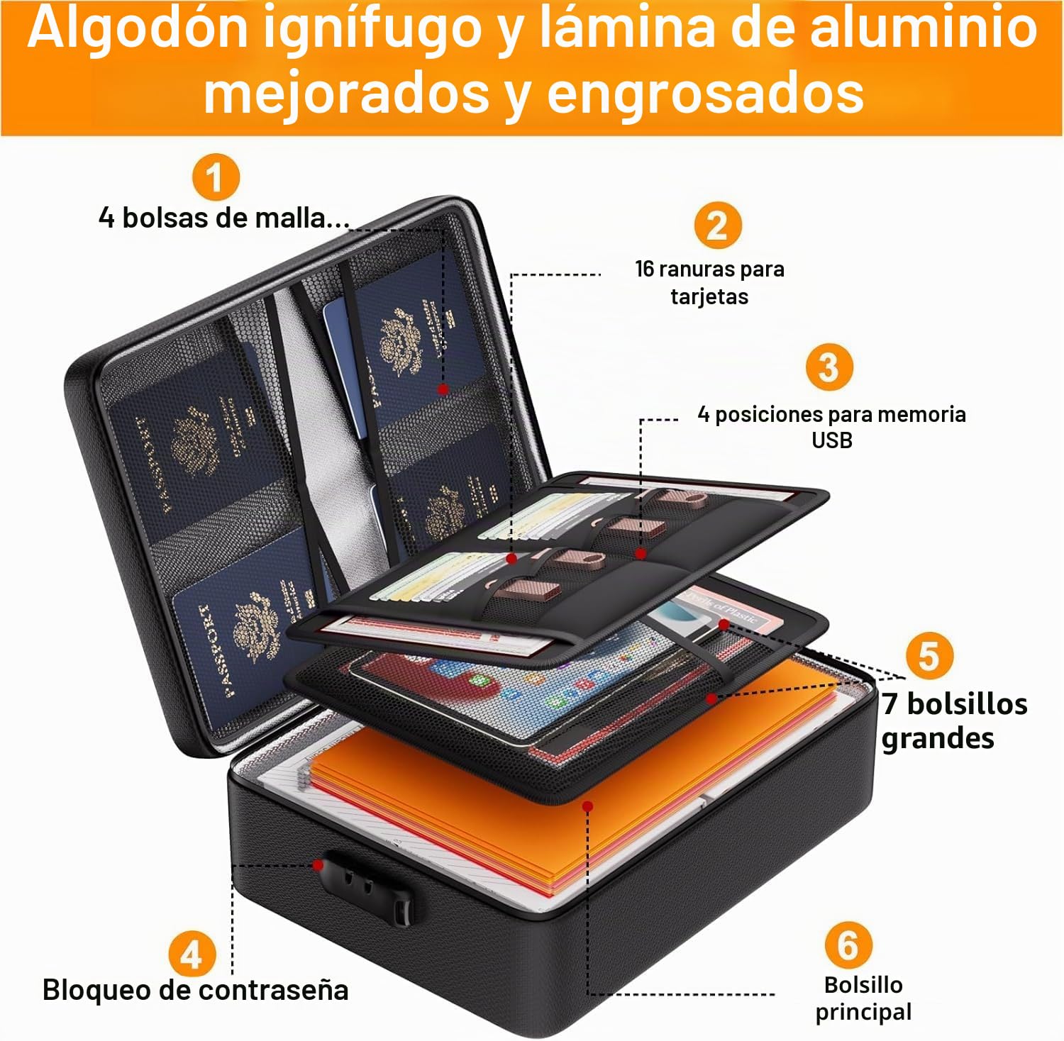 Caja de Documentos Ignífuga DocSafe 5200°F Caja de Almacenamiento con Aislamiento Térmico Mejorada Ignífuga y Resistente al Agua Organizador de Archivos de 8 Capas con Cerradura, Almacenamiento Seguro