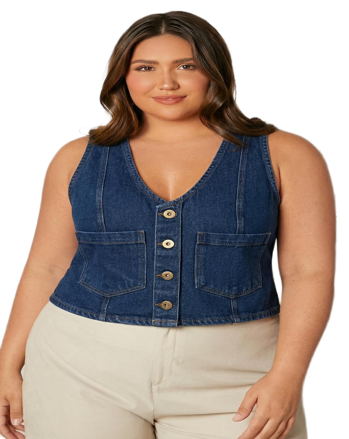 cadmon Women's Retro Denim Waistcoat - Cropped Button-Up Jean Vest Tank Top, Sleeveless Denim Jacket with Front Pockets for Casual Summer Outfits 2-picture-18