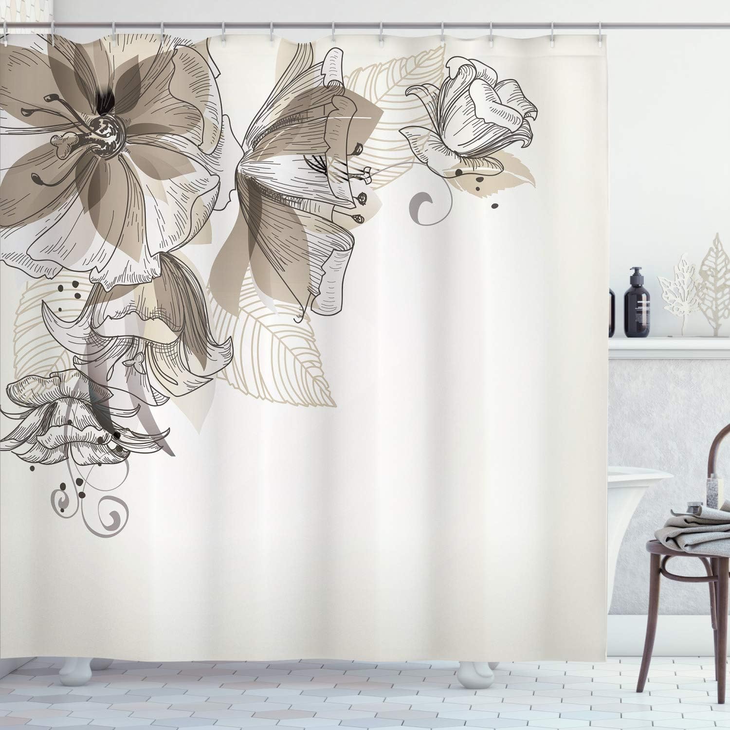 Ambesonne Flowers Shower Curtain Romantic Retro Buds Leaf Season Celebrating Theme Home Decor Graphic Washable Fabric Set with Hooks Decorative for Bathroom Powder Room 69" W x 70" L Umber and White