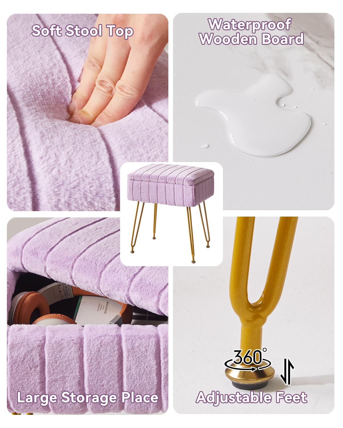 IBUYKE Taburete de Terciopelo con Almacenamiento, Otomano, Mesa Lateral, 4 Patas Metálicas, Antideslizante, Púrpura