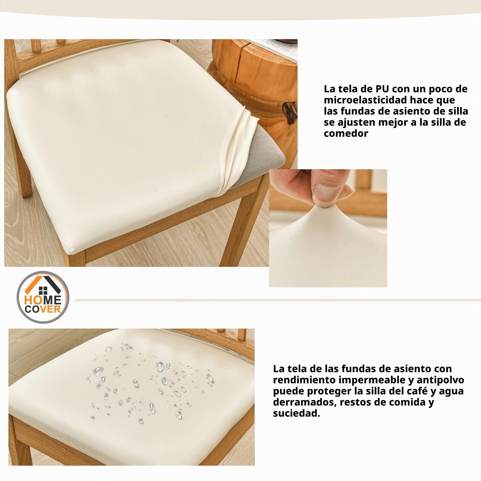 Fundas De Asiento De Silla Pack De 4, PU Cuero Fundas Sillas Comedor Impermeables Extraibles Elásticas Fundas De Asiento De Silla para Comedor-Pack de 4-Blanco Crema