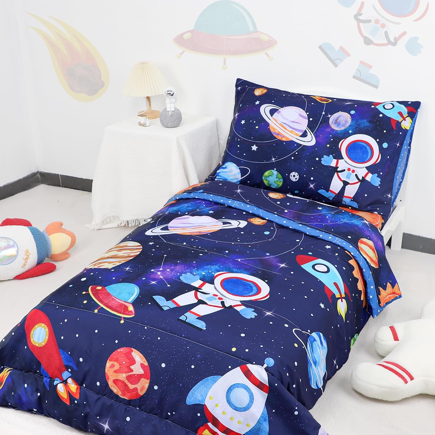 SWESEN Toddler Bedding Set for Boys, Blue Space Toddler Boy Bedding Set, Soft & Lightweight 4 Piece Toddler Comforter Sets Include Comforter, Flat Sheet, Fitted Sheet, Pillowcase