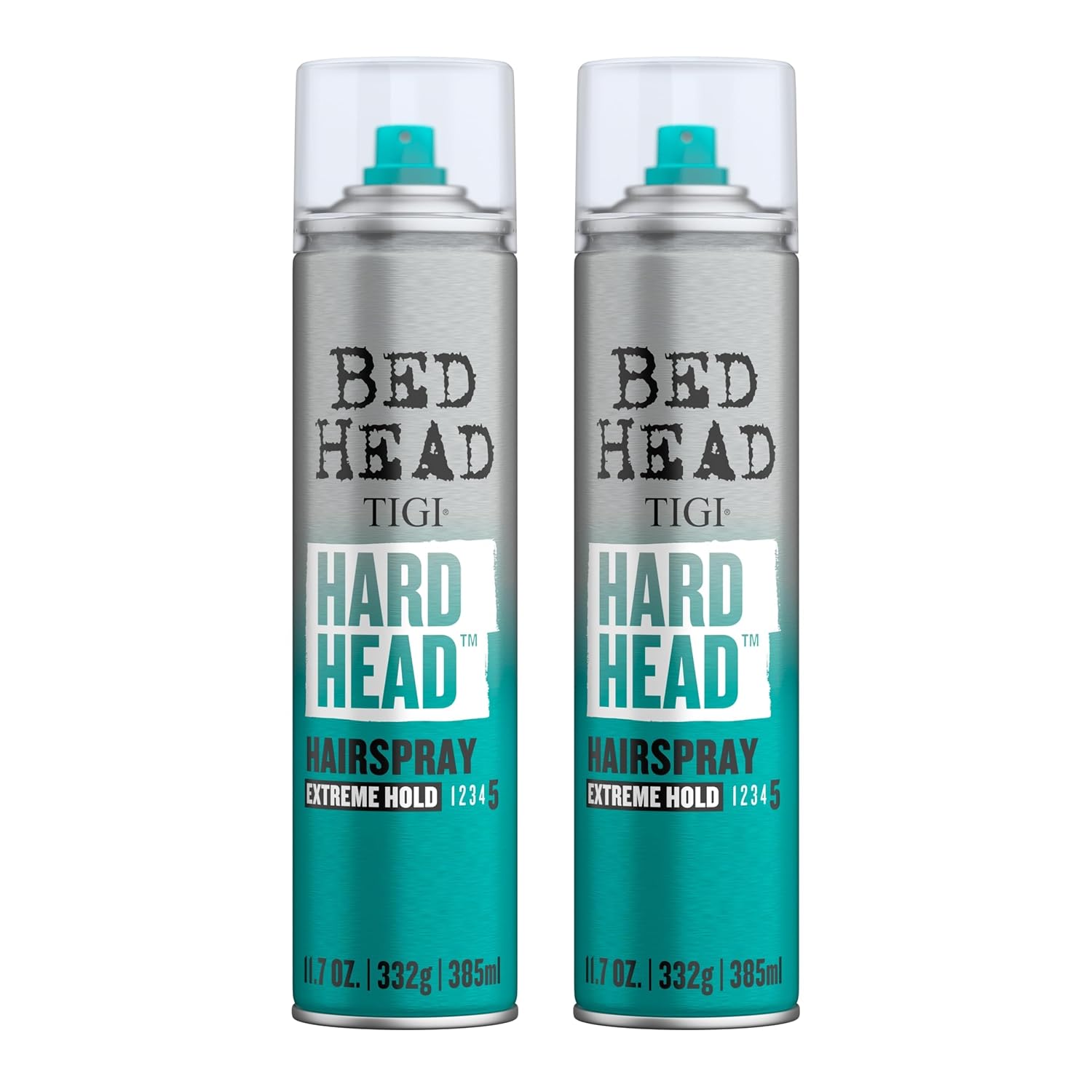Two cans of Bed Head TIGI Hard Head Hairspray, 11.7 oz each, with silver and teal design.