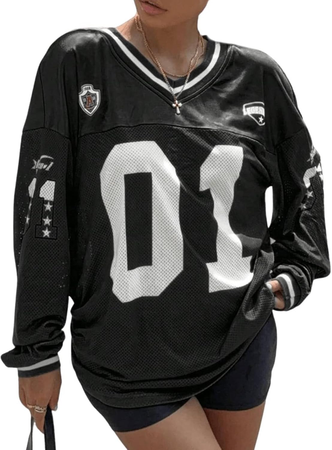 Milumia Women's Mesh Oversized Long Sleeve Jersey Shirt Y2k Number Graphic Tees Blokette T Shirt Top Streetwear