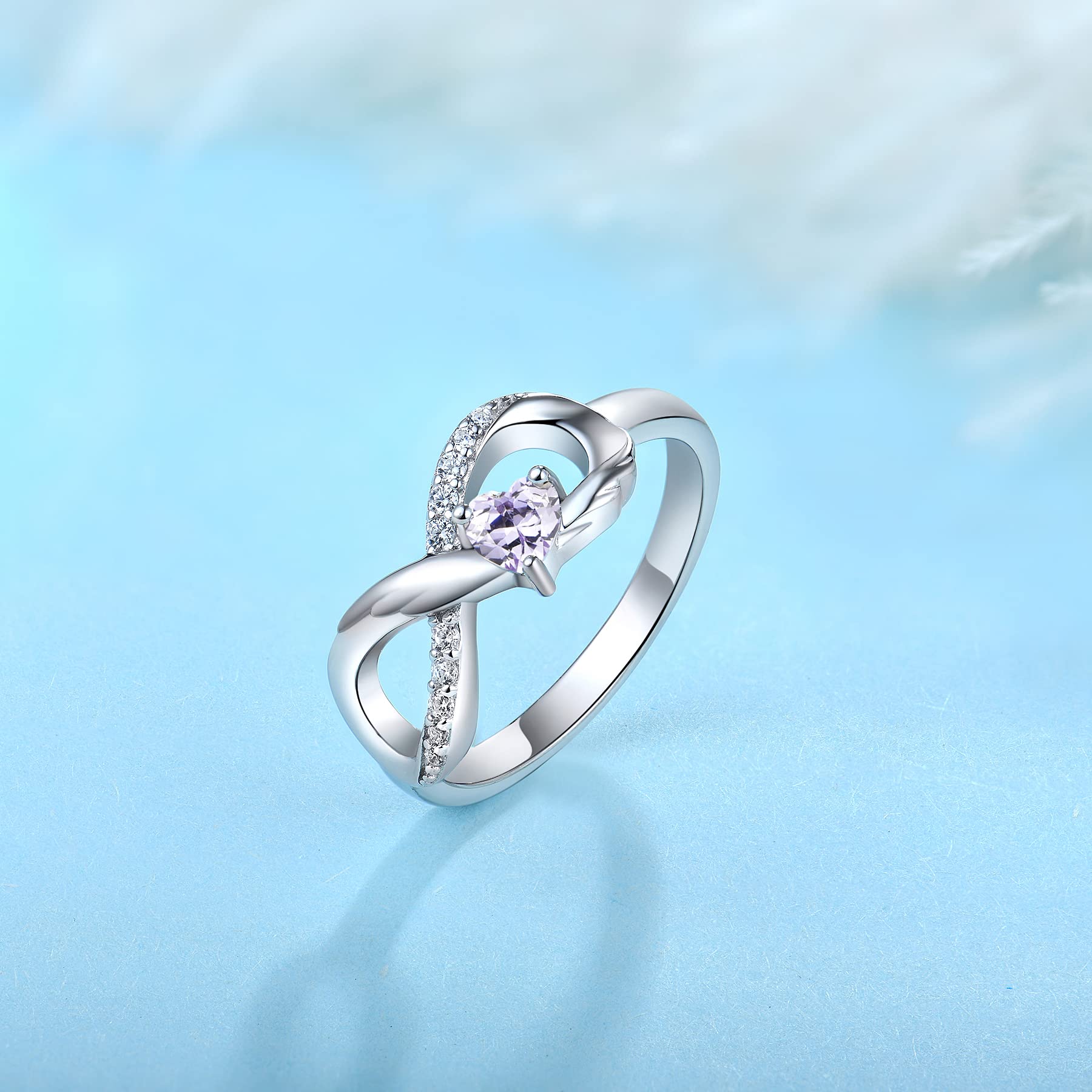 starchenie Anillo Infinito Anillo de Compromiso con Piedra Natal de Corazón de Plata de ley 925 para Mujer