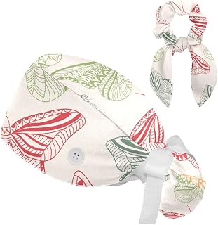 FVQL 2 Pieces Surgical Cap for Long Hair Scrub Cap with Hairband Nurse Cap, Floral Style Pattern Butterfly