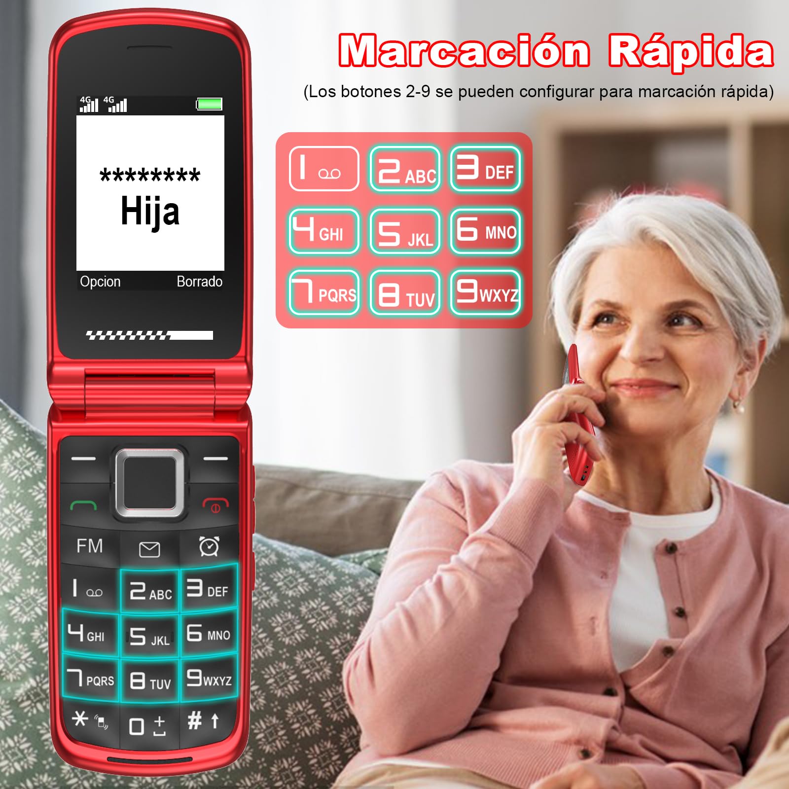 USHINING Teléfono Móvil 4G para Personas Mayores, Teléfono Móvil con Tapa Teclas Grandes Botón SOS Pantalla Doble de 2,4 y 1,77 Pulgadas Doble SIM USB-C Despertador Base de Carga, Fácil de Usar, Rojo