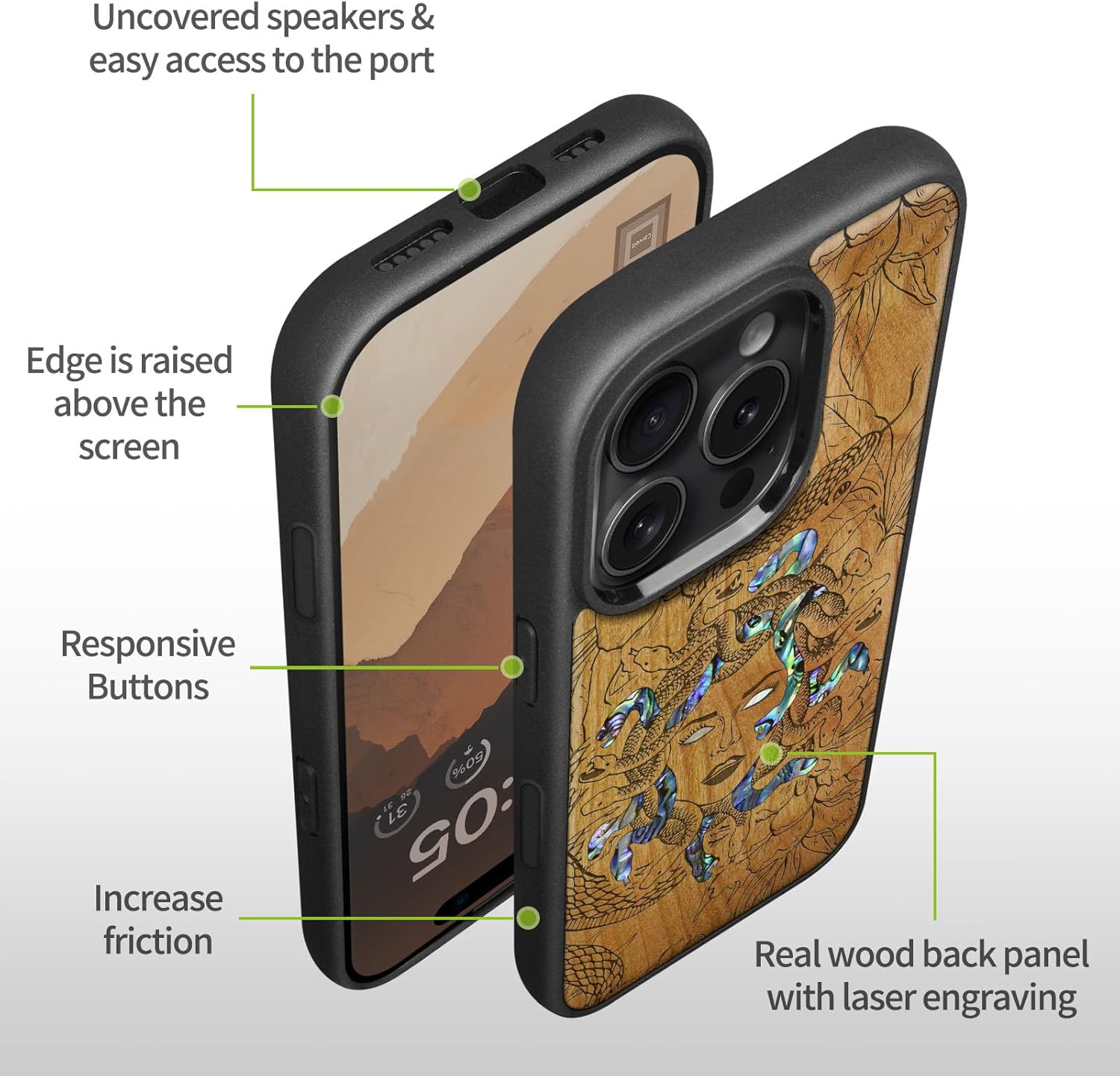 Carveit Magnetic Case for iPhone 16 Pro Case, Wood Artisan Engraved & Handmade Shell Inlaid, TPU Shockproof Cover, Compatible with MagSafe Wireless Chargers (The Medusa Enigma) Cherry