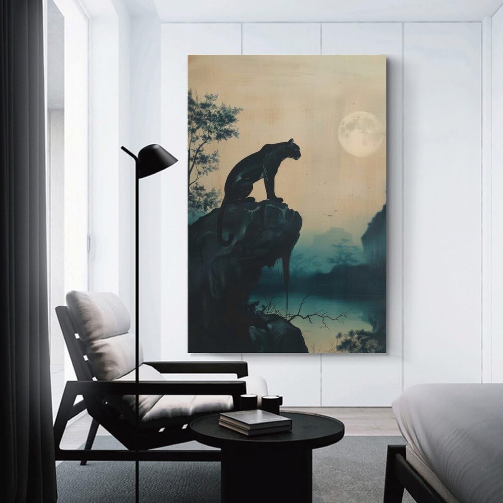 Junmoney Unframe-Style-14 Black Panther Under Moonlight Decorative Canvas Print, 24X36inch(60X90cm), For Contemporary Homes, Apartments Or Offices, Home Artwork For Modern Interiors