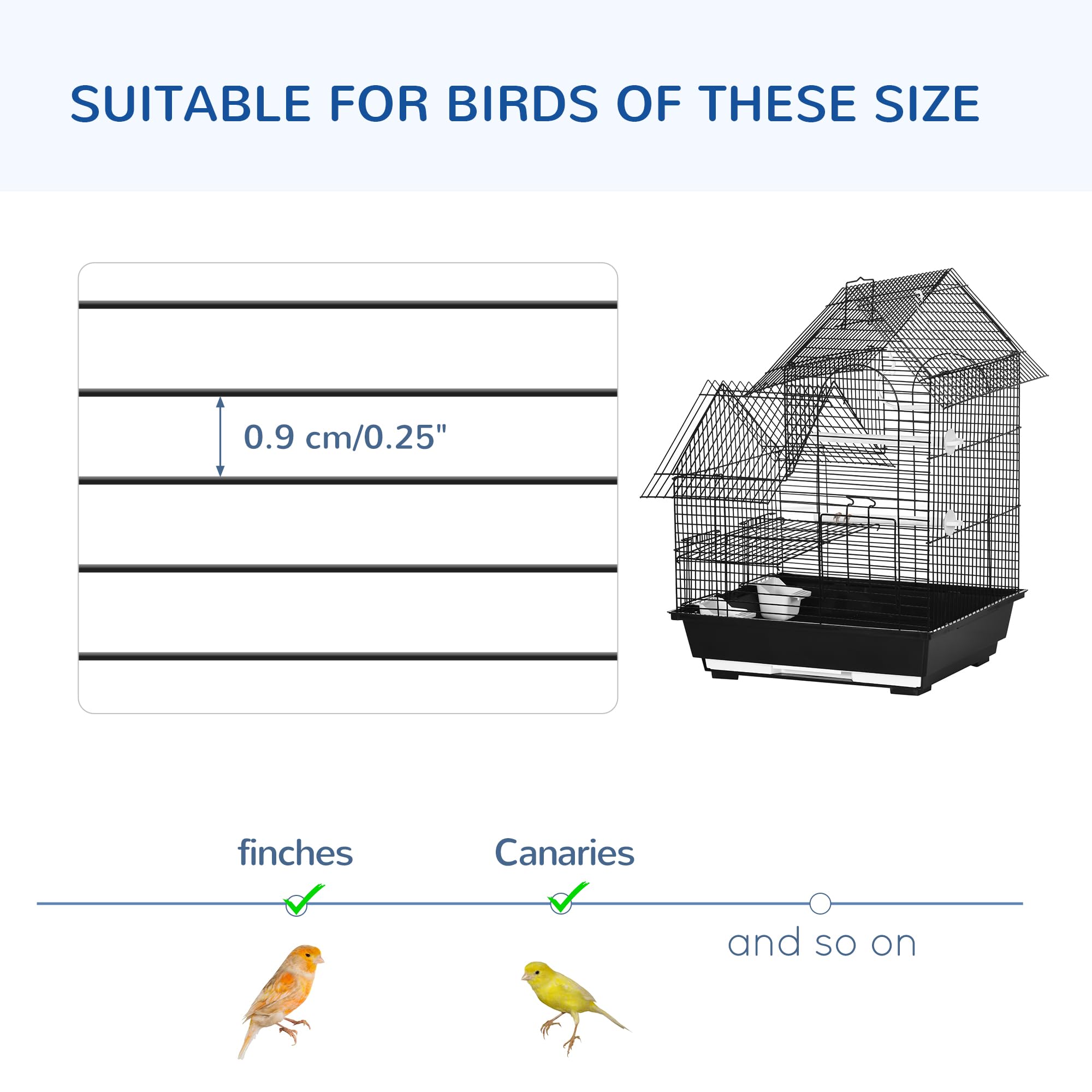 PawHut Jaula para Pájaros 39x33x47 cm Pajarera Metálica con 3 Puertas 2 Comederos 2 Perchas Columpio Bandeja Extraíble y Asa de Transporte para Canarios Negro