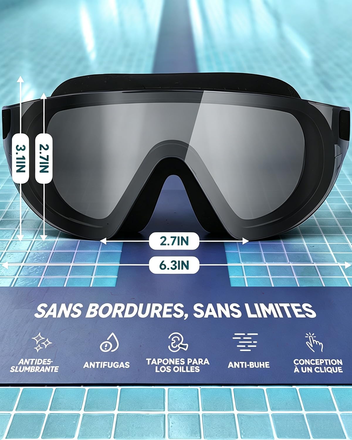 Zoomsnail Lunettes de Piscine Panoramiques 180° sans Monture, Anti-Buée, Confort Silicone, Étanches