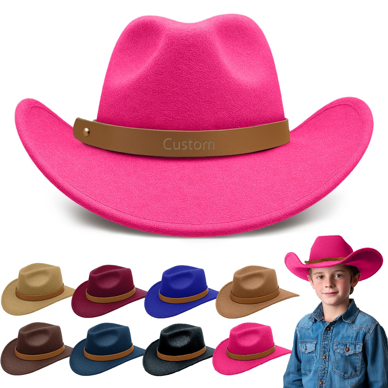 Custom Toddler Cowboy Hat Personalized 2-8t Western Hats with Engraved Name Customized Sombrero Vaquero with Leather Hatband,Pink