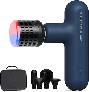 Sharper Image Powerboost Move Evo Massage Gun: Deep Tissue Percussion, Hot & Cold Therapy, 5 Heads, 4 Speeds, Portable Blue