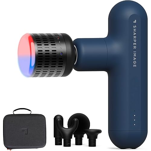 Sharper Image Deep Tissue Percussion Massage Gun, Powerboost Move Evo Hot & Cold Rechargeable Handheld Massager, 4 Adjustable Speeds, 5 Attachment Heads & Carrying Case, for Muscle Pain Relief, Blue