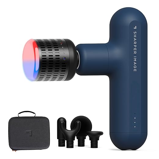 Sharper Image Deep Tissue Percussion Massage Gun, Powerboost Move Evo Hot & Cold Rechargeable Handheld Massager, 4 Adjustable Speeds, 5 Attachment Heads & Carrying Case, for Muscle Pain Relief, Blue