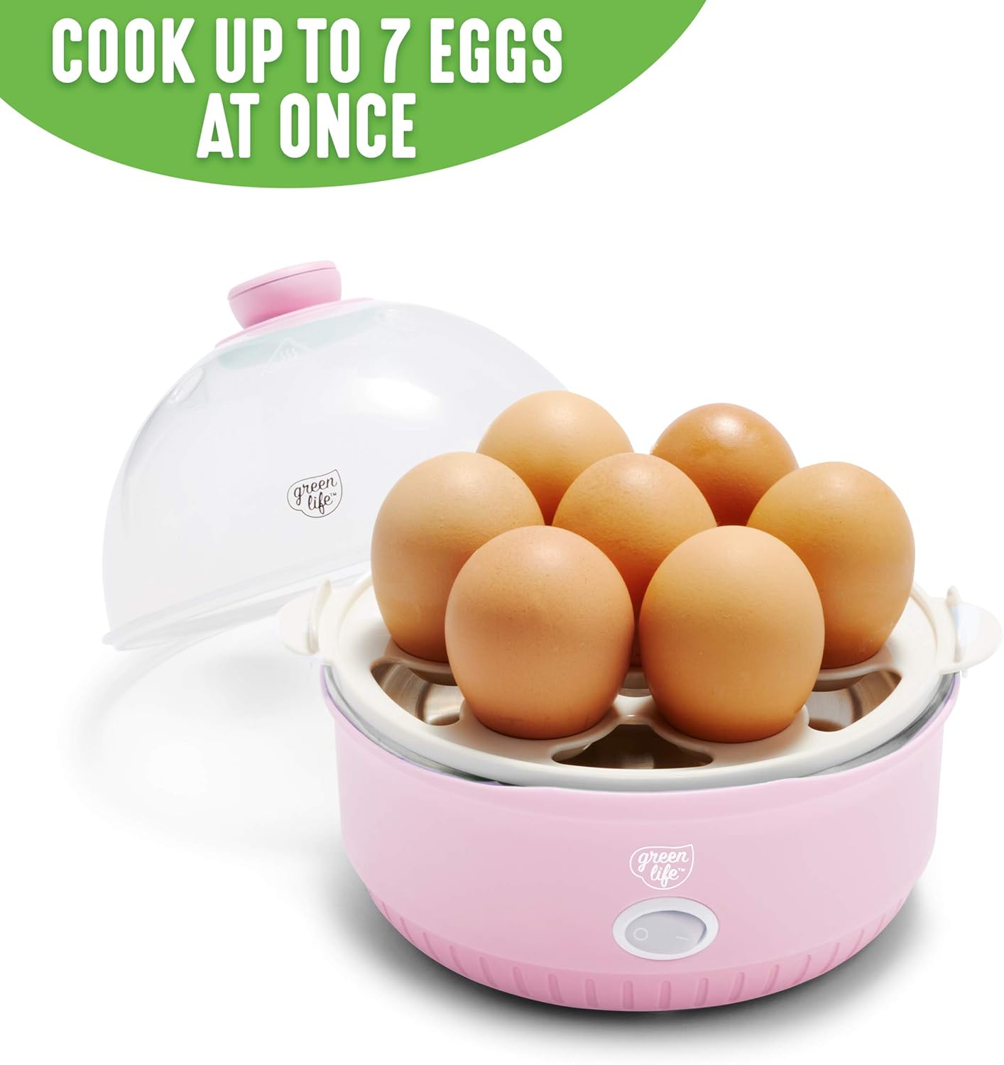 GreenLife Rapid Egg Cooker, 7 Egg Capacity for Hard Boiled, Poached, Scrambled and Omelet Tray, Easy One Switch, Dishwasher Safe Parts, BPA-Free, Pink