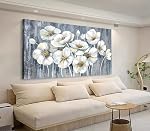 Tigeridge Blooming Flower Tree Toile Art mural - White Blossoms Green Leaves Pictures Wall Decor Soft Grey Painting Artwork Elégant imprimé floral Chambre à coucher Salon Decor prêt à accrocher 120x60cm