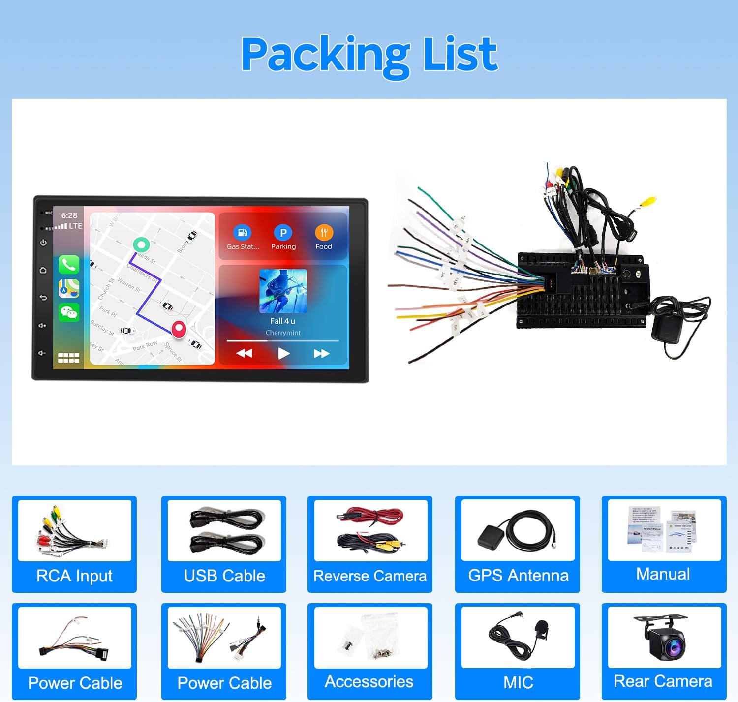 Image showing all components included in the Aublinto car stereo package, such as the head unit, power cables, GPS antenna, backup camera, RCA cables, microphone, and USB cables.