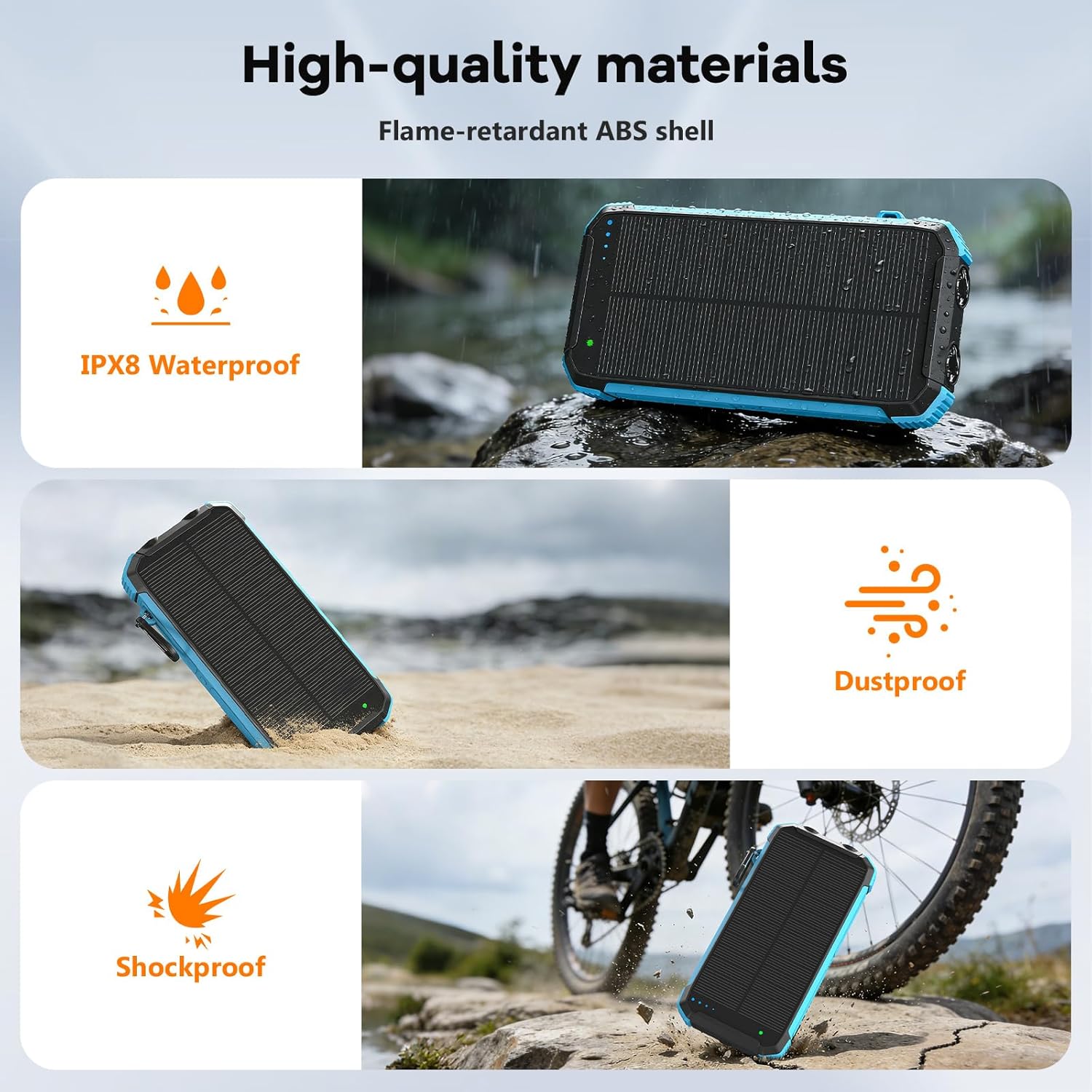 ERRBBIC Solar Charger Power Bank 20000mAh, Portable Wireless Charger, 15W Fast Charging External Battery Pack with Dual Flashlight and USB C Outputs, Outdoor Mobile Power Compatible with Cell Phones