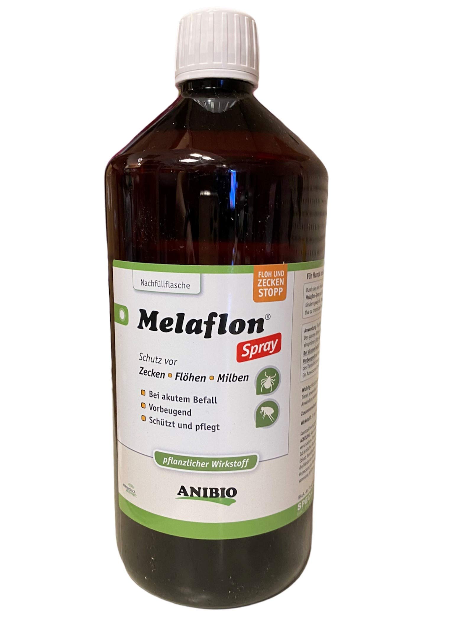 Anibio Melaflon Spray 1000ml - ohne Sprühkopf | Ungezieferbekämpfung für die direkte Anwendung auf dem Tier | auch zur Anwendung bei Jungtieren | für Hunde und Katzen