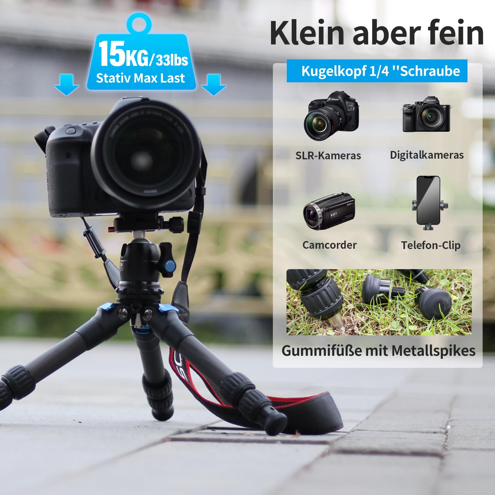 SIRUI AM-223 Carbon Mini Stativ,Klein kompaktes Kamerastativ, Tischstativ mit 360° Arca Swiss B-00K Kugelkopf für DSLR, Höhe zusammengeklappt 13cm, max. Höhe 43cm