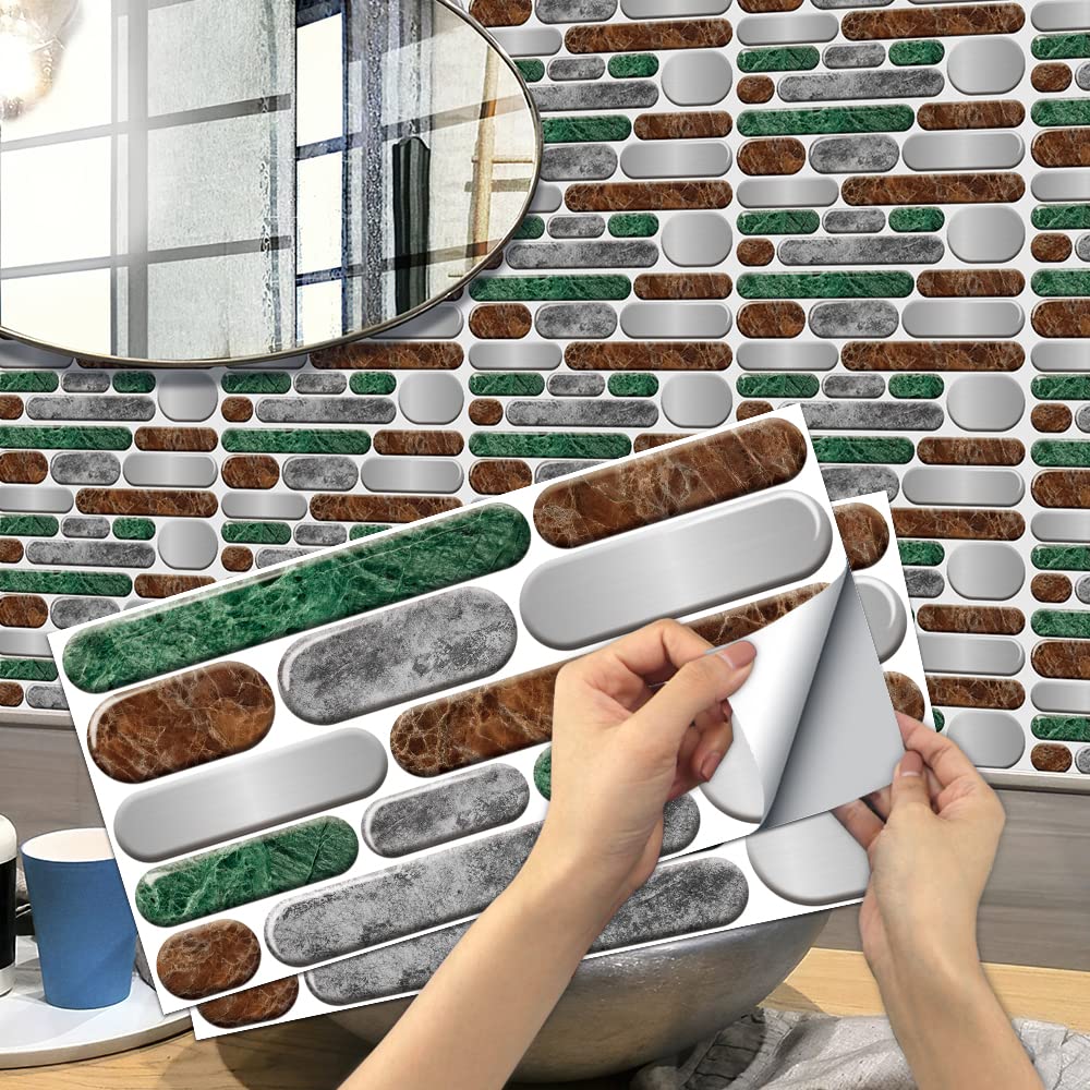 Alwayspon Wall Tile Sticker, Peel & Stick self-Adhesive Backsplash, Vinyl Wall Tile Transfers Decals for Living Room Kitchen Bathroom Stick on Tiles, 15x30cm/6inchx12inch,12 pcs, Green Brown Marble