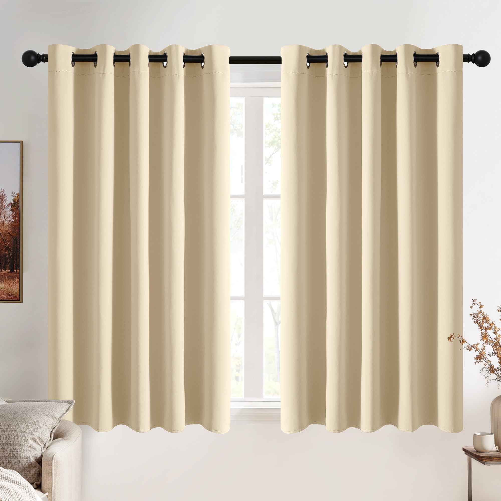 PONY DANCE Eyelet Beige Curtains for Window - Soft Short Thermal Insulated Curtain & Drapes for Energy Saving Rings Up Drapery for Bedroom, 2 Panels, Wide 66 x Long 63 Inch, Biscotti Beige โ image 1
