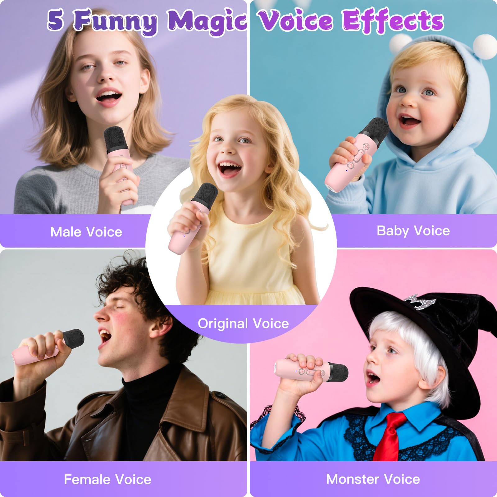 Mini máquina de karaoke para niños, altavoz Bluetooth portátil  con 2 micrófonos inalámbricos y luces LED de color, regalos de cumpleaños de Navidad, juguetes para niñas, niños y amigos de 3 a 5