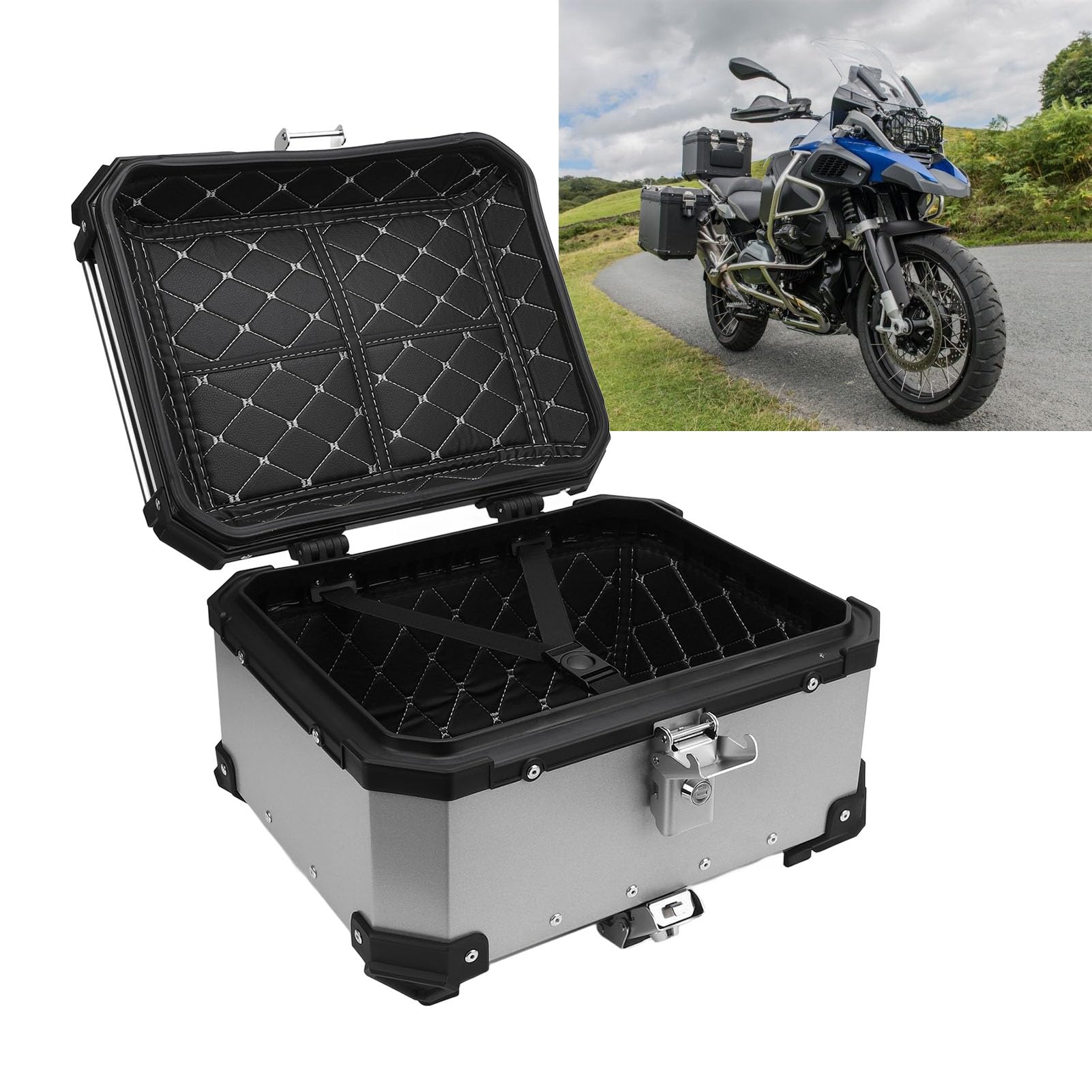 Kufer Górny Motocykla o Pojemności 32 L, materiał ze Stopu Aluminium z Szybkozamykaczem i blokadą zabezpieczającą do Przechowywania, Idealna Walizka na bagaż Motocyklowy do i (SILVER)