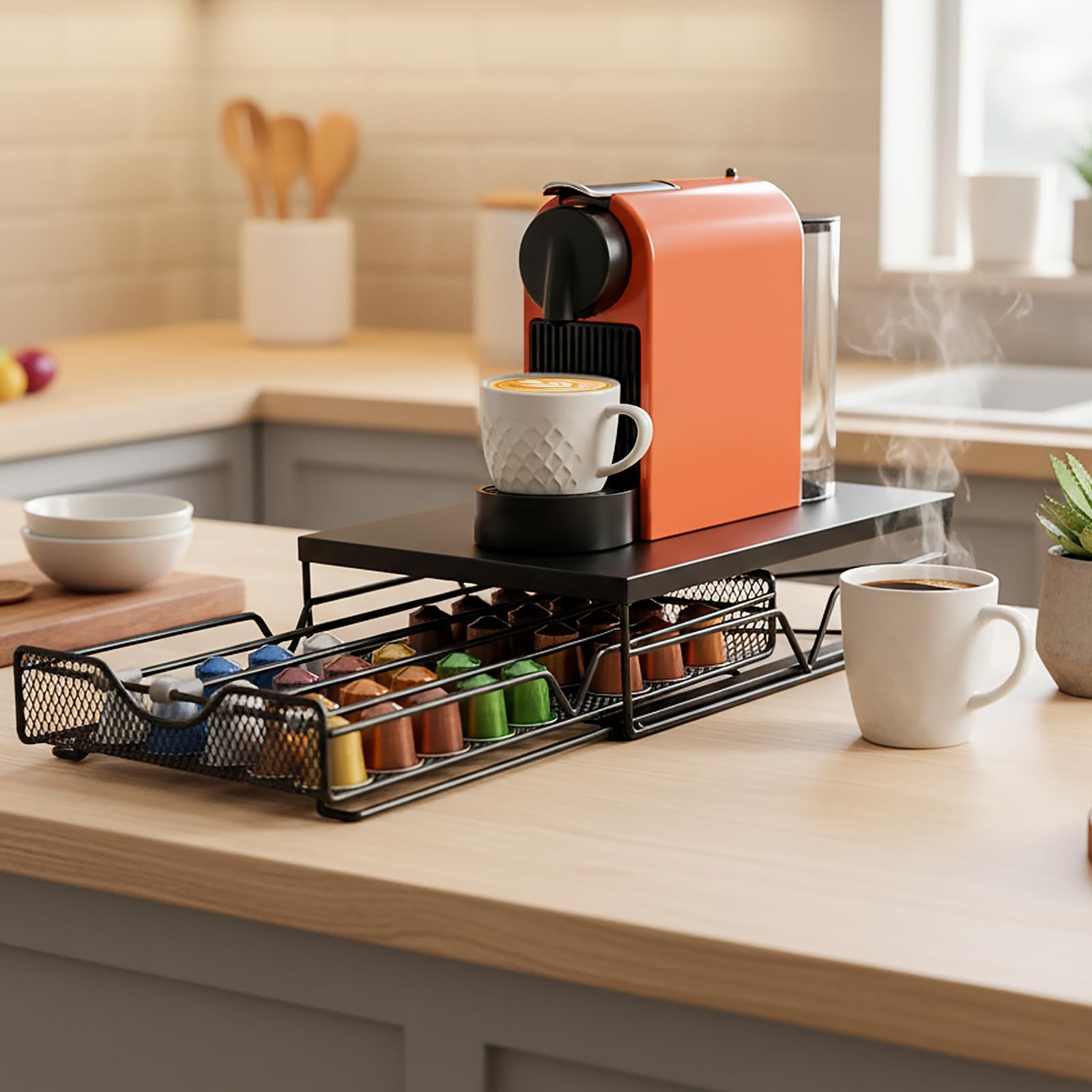 Organizador para cápsulas de café, ajustable, organizador con cajón dispensador de cápsulas, apto para cocinas, oficinas y viviendas de alquiler, negro