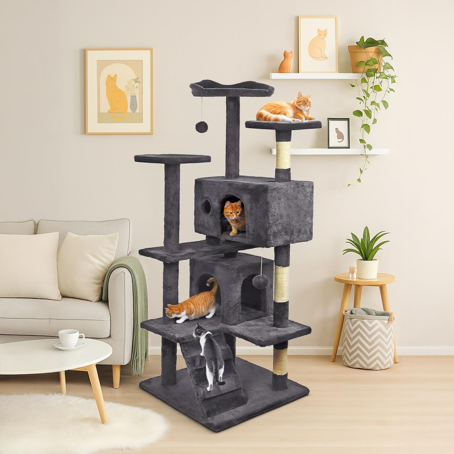Drapak Castle Prestige, 138 cm, XXL drzewko dla kota z 7 poziomami, 2 jaskinie, sizalowe pnie drapaka, ciemnoszary
