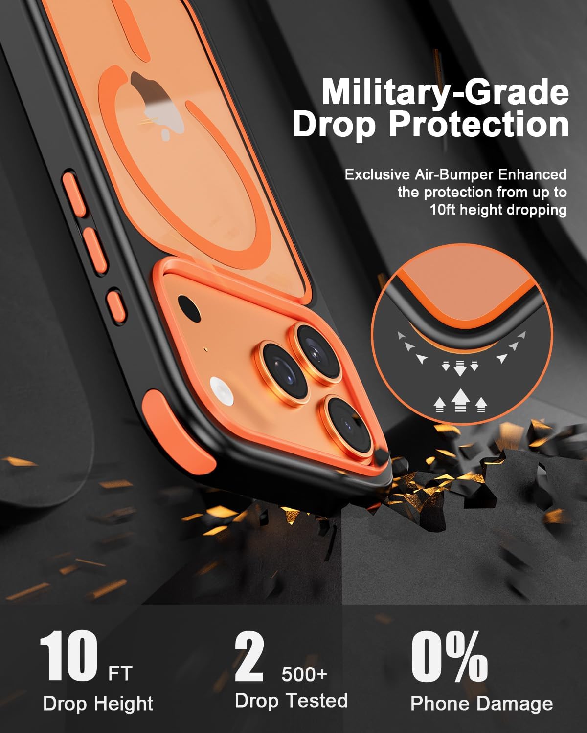 Mobnano for iPhone 17 Pro Max Case, Compatible with MagSafe, Crystal Clear Case with Magnetic Ring, Multicolor Protective Shockproof Bumpers, Not Yellowing Slim Cover for Men Women - Black/Orange