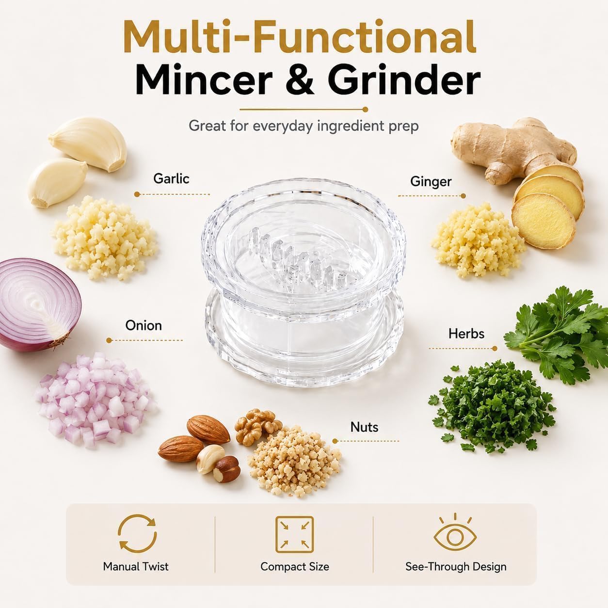 LKYC Garlic Twister 2 Pack, Clear Manual Garlic Mincer and Crusher, Handheld Food Chopper for Garlic, Ginger, Onion, Herbs and Small Nuts
