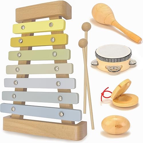 Miniatura 2 de Instrumentos musicales de madera para niños pequeños, juguetes musicales estéticos, juguetes Montessori, pandereta de xilófono colorido, maracas,