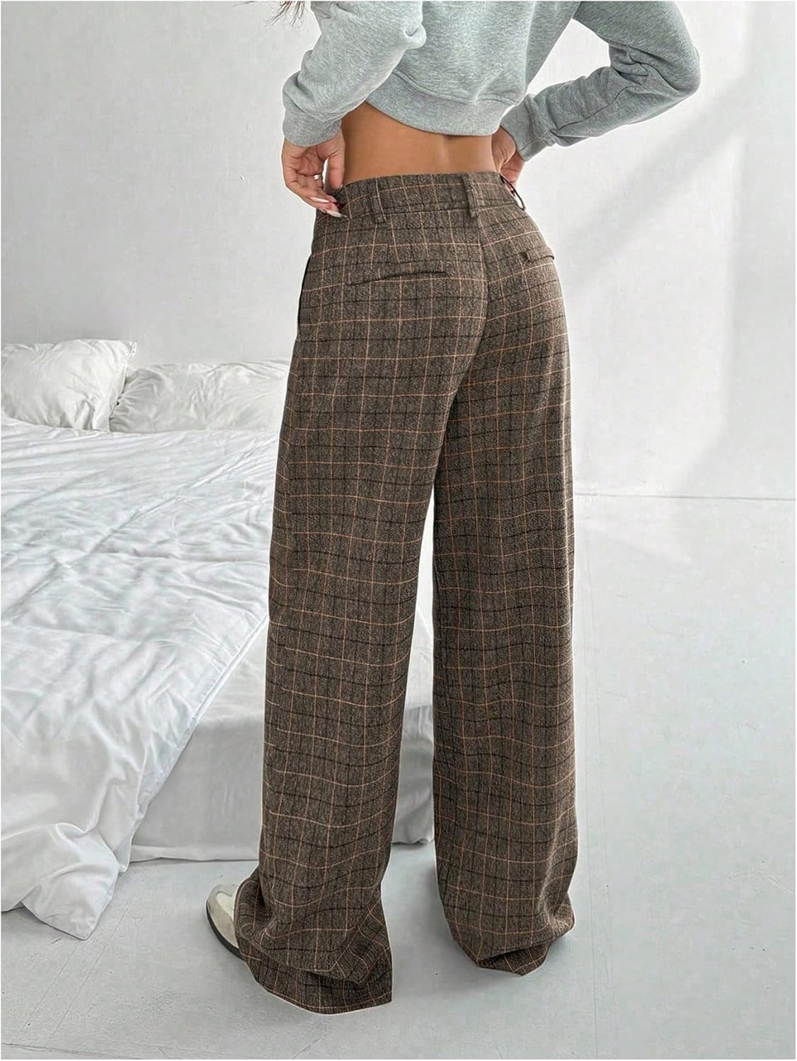 GORGLITTER Women's Dressy Plaid Low Rise Trousers Dress Pants Casual Flannel Baggy Wide Leg Checkered Pant with Pockets - Image 2
