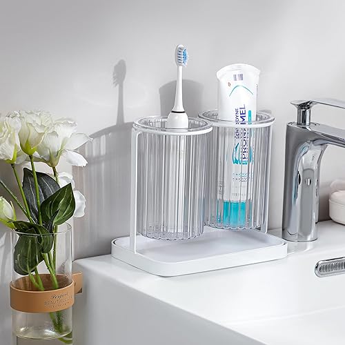 Miniatura 2 de Portacepillos de dientes con bandeja de drenaje, 2 ranuras para colgar cepillos de dientes y pasta de dientes, organizador de baño, encimera para