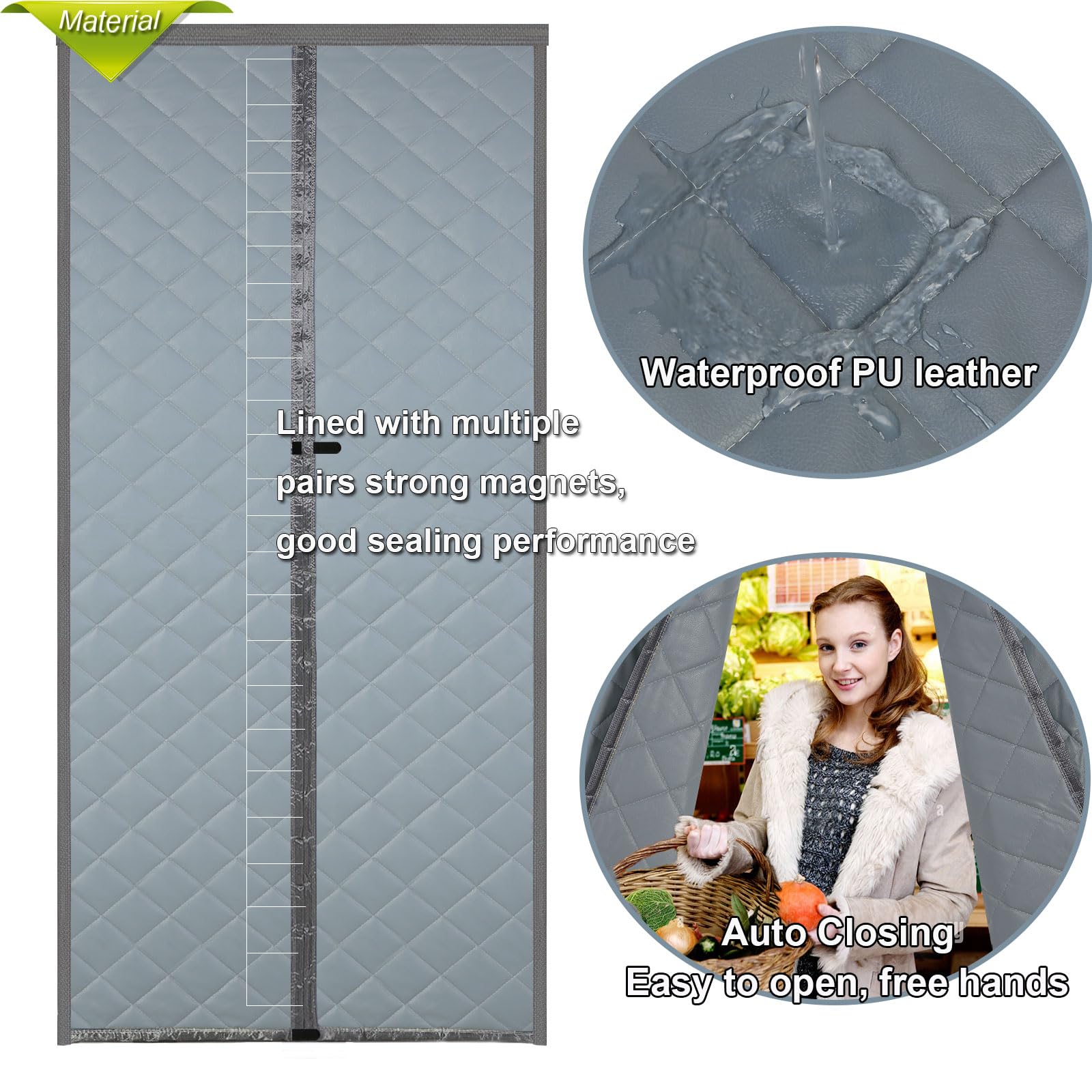 Risareyi Magnetyczna izolacja termiczna, zasłona na drzwi, wymiary: 96 x 213 cm, odporna na warunki atmosferyczne, z poliuretanu, grube wypełnienie poliestrowe, szara osłona drzwi, ochrona przed