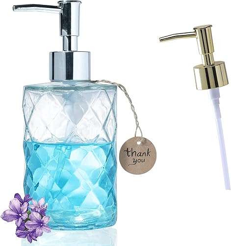 Miniatura 10 de Crocon Dispensador de jabón de vidrio grueso antiguo con bomba dorada de acero inoxidable a prueba de óxido, botella líquida recargable de 18 onzas