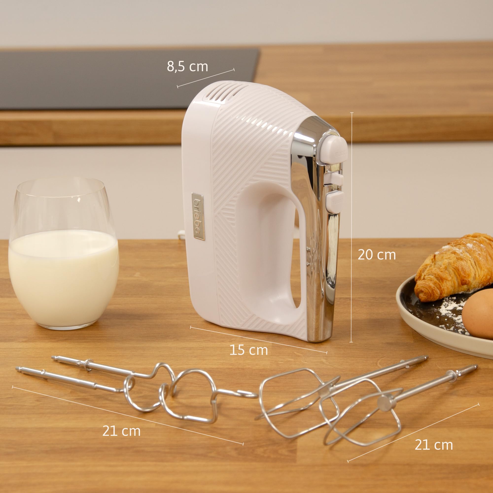 briebe Elegance Batteur Electrique Cuisine 400W, Mixeur Spécial Pâtisserie, 5 Vitesses + Turbo, Inox Accessoires Fouet et Pétrissage, Blancs d'œufs, Crème, Pâte à Pizza, Génoise, Blanc