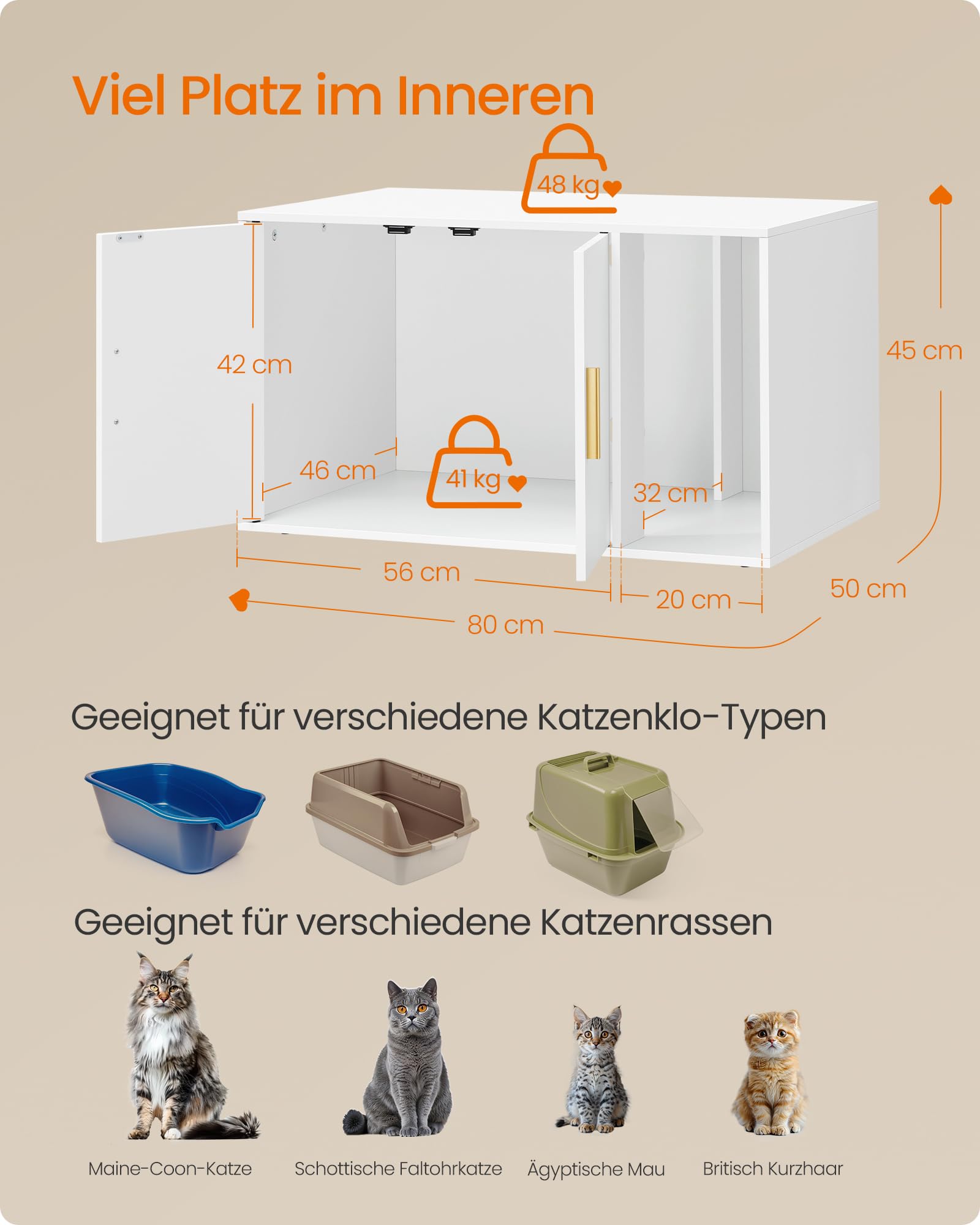 Feandrea Custos Kollektion - Katzenklo-Schrank, Moderne Katzentoilette, Katzenhaus, Vordereingang, Doppeltüren mit Griffen, Beistelltisch, für Wohnzimmer, 80 x 50 x 45 cm, mattweiß PCL020WB02