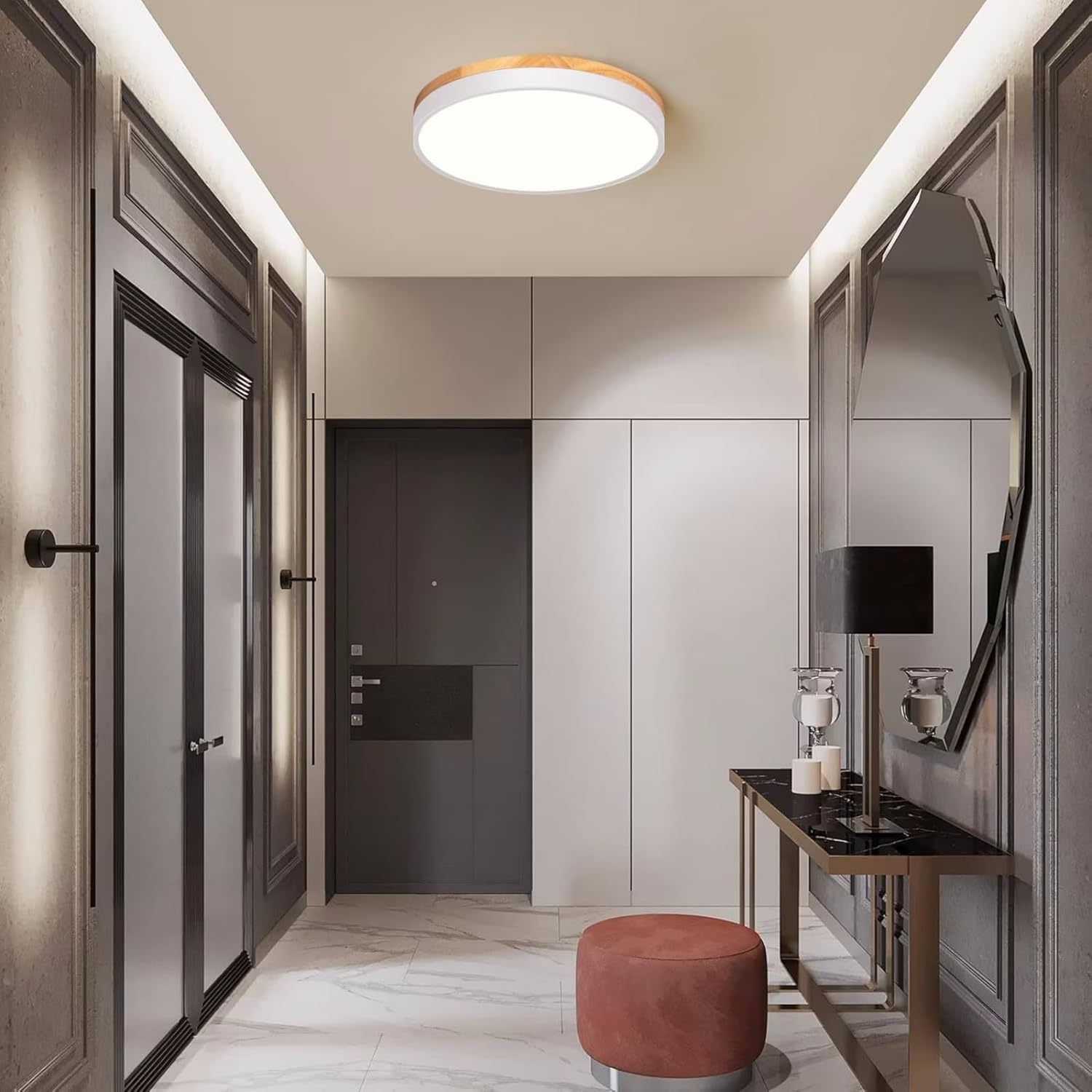 LED Ceiling Light Modern Flush Mount Ceiling Lighting Fixture White Round Wood Boho Farmhouse Ceiling Lamp for Bedroom Bathroom Kitchen Dining Room