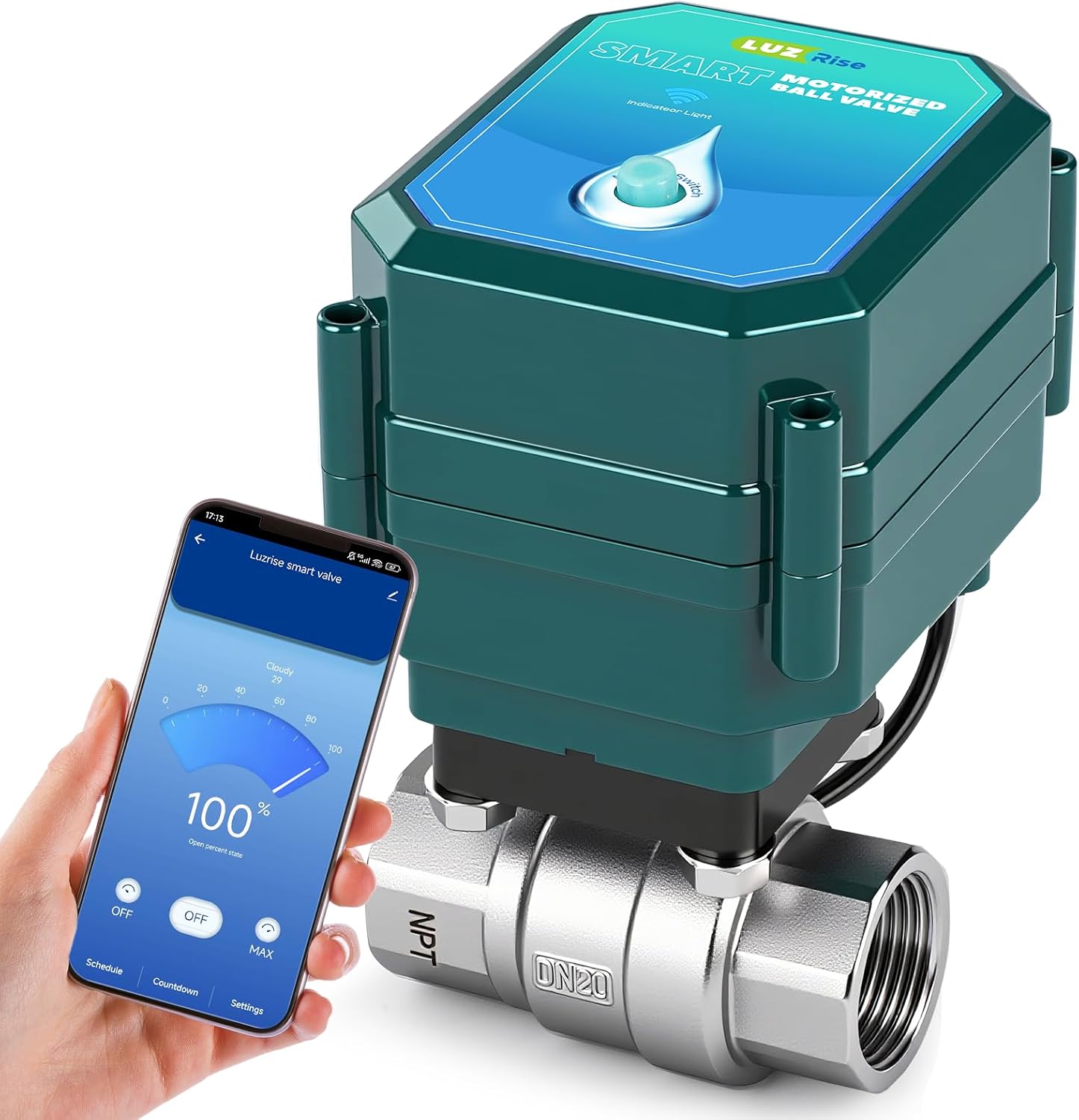 Smart Motorized Ball Valve with Remote Control- Automatic Water Shut-Off, 0-100% Adjustable Flow, Programmable Timer, Real-Time Monitoring (Stainless Steel, DN20 (3/4''))