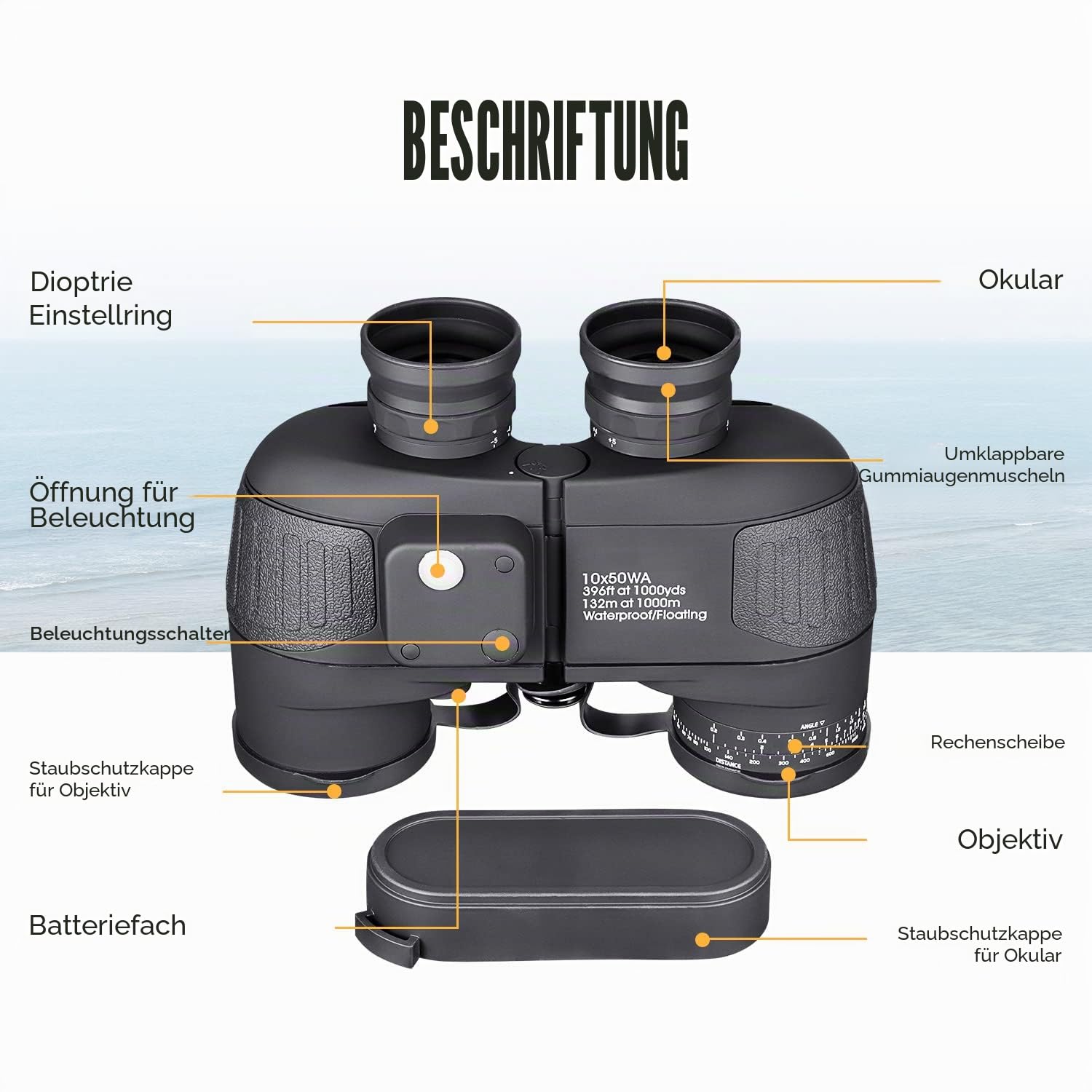 10x50 Marine Fernglas，Ultra-weites Sichtfeld FMC BAK4 IPX7 Wasserdichter Anti-Beschlag-Entfernungsmesser-Kompass für Segeln - Alle Altersgruppen mit Gurtband Schwarz