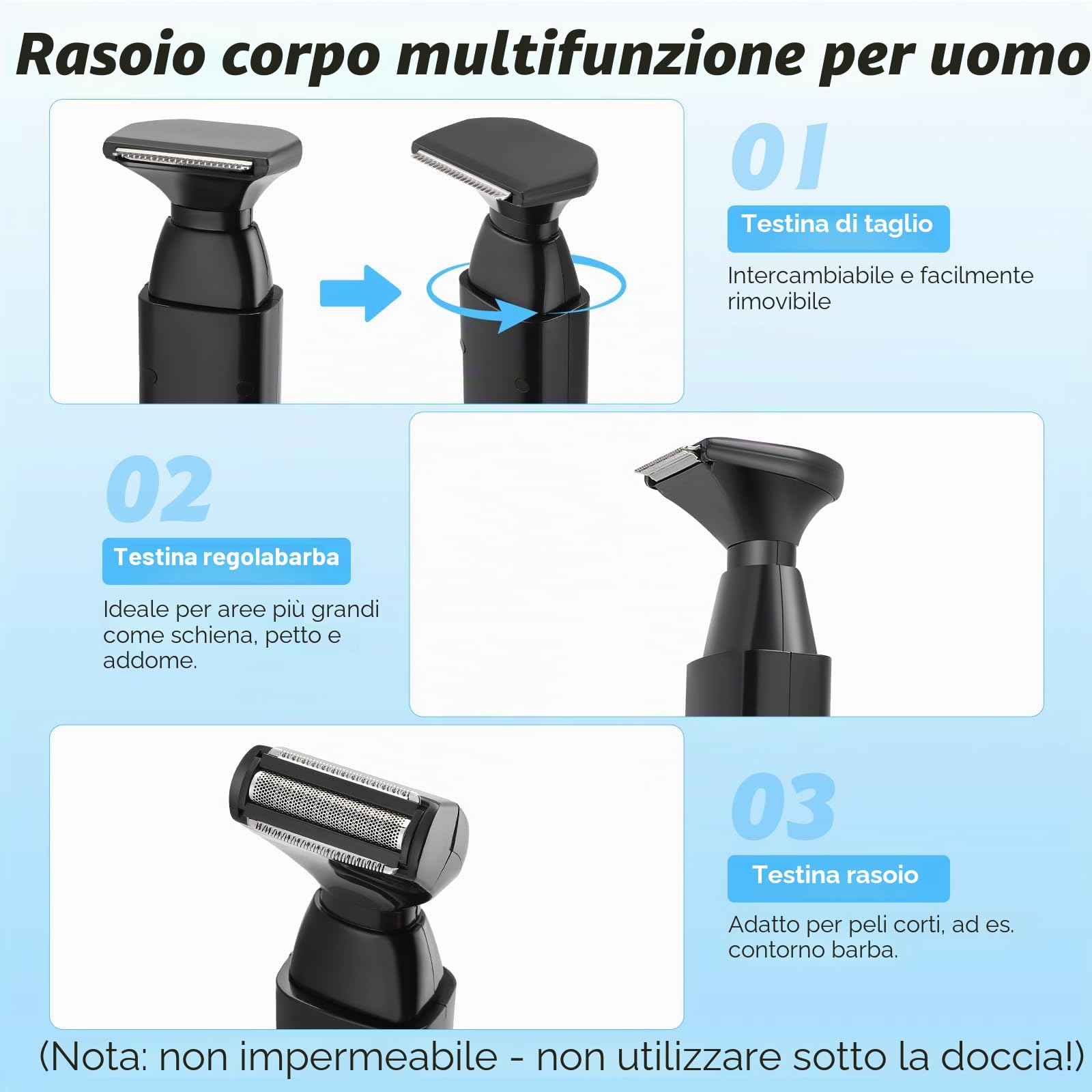 Rasoio elettrico per la schiena da uomo, con 2 testine di rasatura rimovibili e allungamento del braccio ergonomico, pieghevole, per la cura della schiena, del viso, del petto e delle spalle