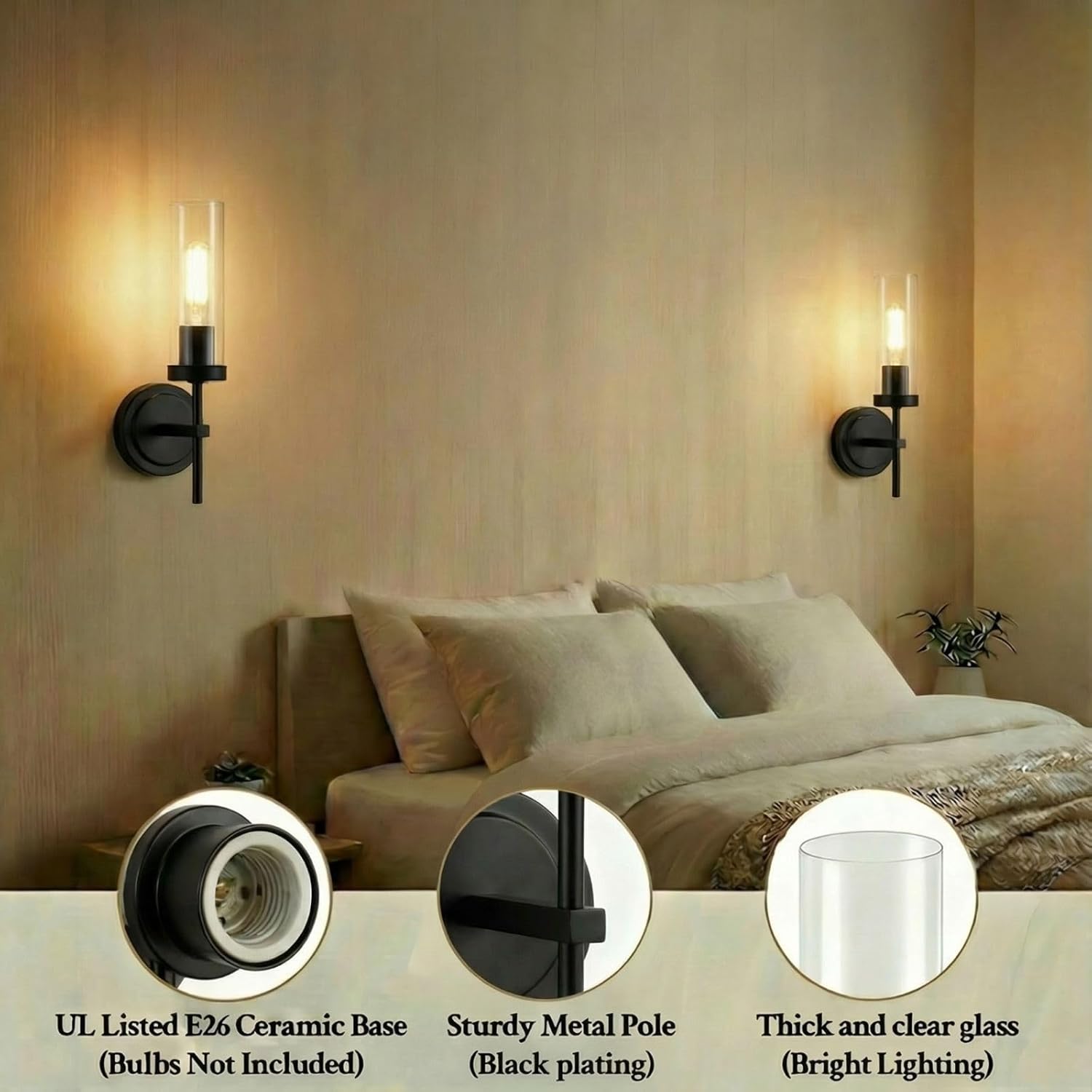 Wall Sconces Set of Two, Modern Bathroom Vanity Light Fixtures with Clear Glass, Hardwired Sconces Black Wall Lights for Bathroom Mirror Living Room Bedroom Hallway Stairs